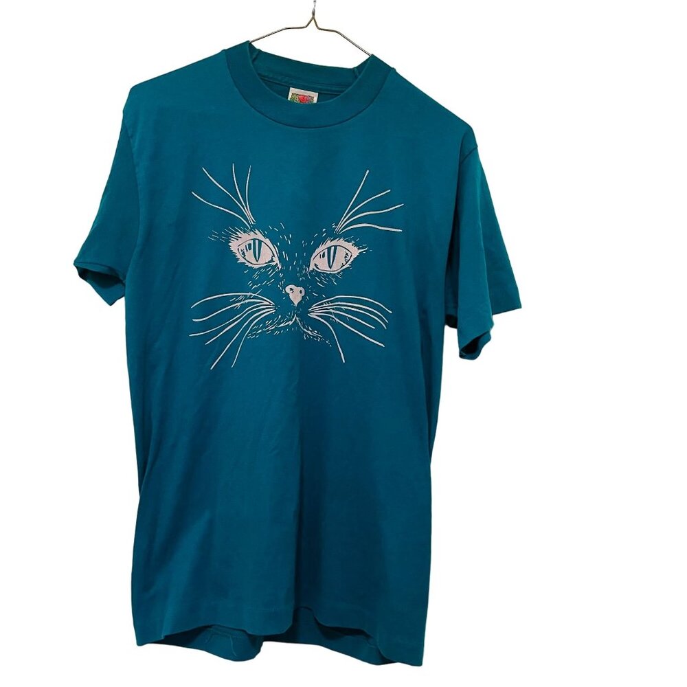 Fruit Of The Loom Vintage Womens T Shirt Best Cat Face Graphic Tee Teal Size Med